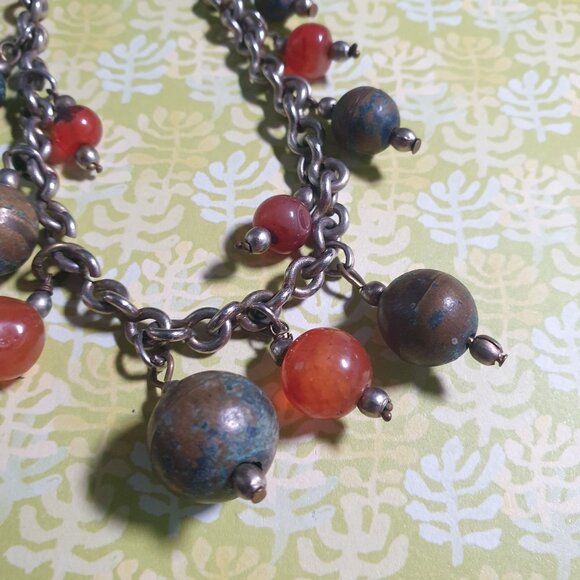 Vintage Bronze Tone Chain Bracelet Beads Hook Closure 8 In Long Orange Green - Picture 5 of 5